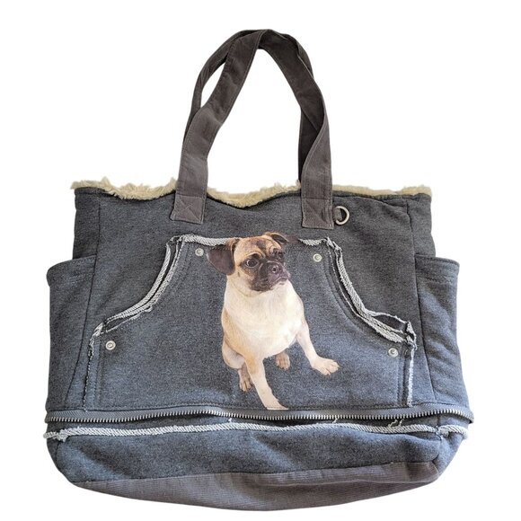 Fuzzynation Pug Tote Bag Gray Jersey Sweatshirt Faux Fur Lined Zipper Accents - Picture 1 of 10